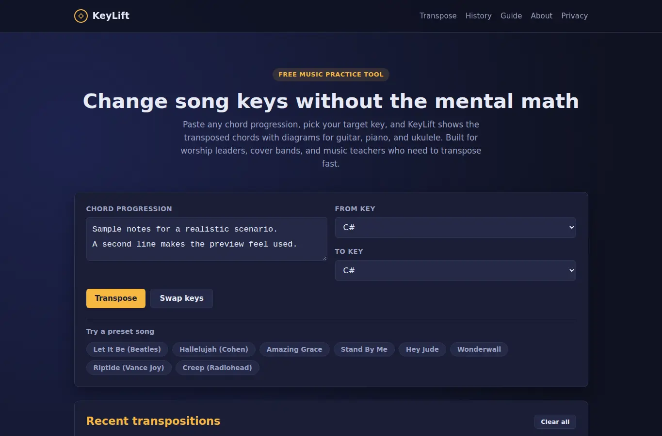 Screenshot of KeyLift: Song Key Change Practice Tool interface showing the project page in use